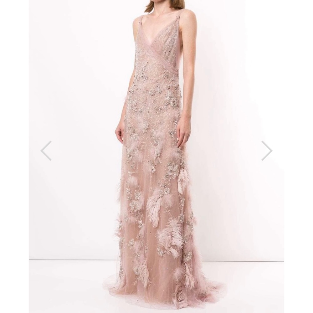 Marchesa NWT gown, pale pink sequin and feathers size 6
